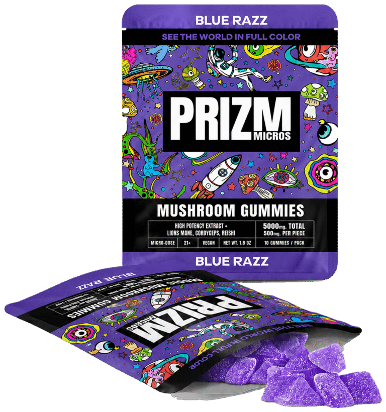 PRIZM Blue Razz mushroom gummies bag